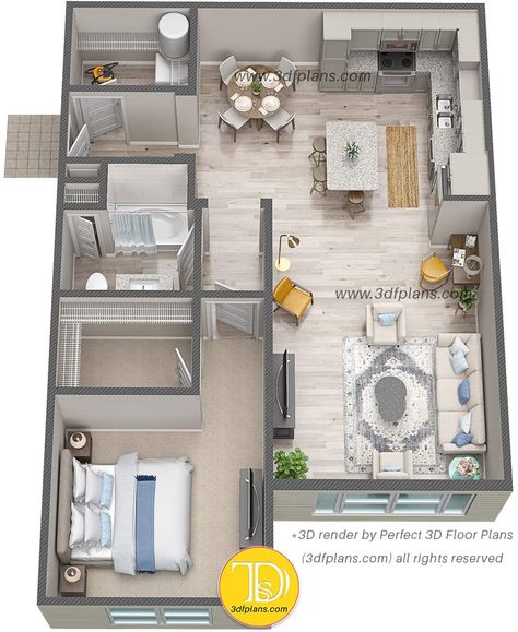 3d floor plan rendering of one bedroom luxury apartment in Florida with wood flooring 60m2 Apartment Plans, Apartment Floor Layout, Luxury Studio Apartment Floor Plans, One Bed Apartment Floor Plan, Apartment Interior Layout Plan, Condo Design Plan, 1 Bedroom Apartment Floor Plan Luxury, Condo Layout Floor Plans, One Bedroom Apartment Layout Floor Plans