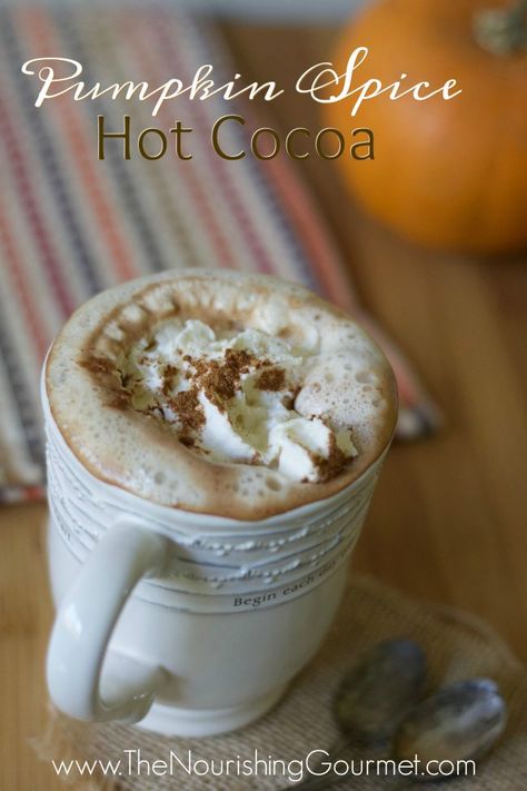 Pumpkin Spice Hot Cocoa - The Nourishing Gourmet Pumpkin Spice Hot Cocoa, Pumpkin Spice Mocha, Maple Whipped Cream, Pumpkin Chocolate Chip Muffins, Hot Cocoa Recipe, Cocoa Recipes, Seasonal Drinks, Delicious Drink Recipes, Nourishing Foods