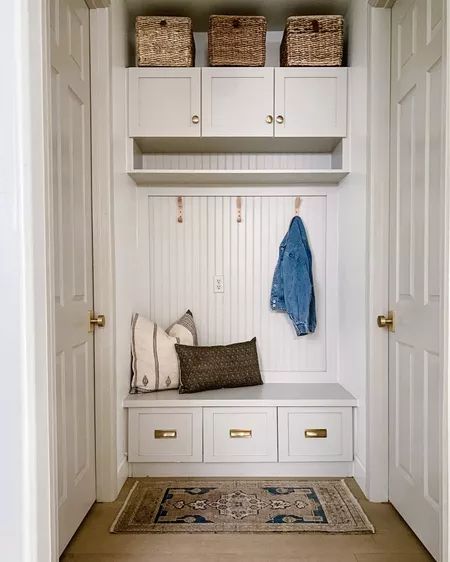 Natural Wooden Coat Hooks Wall … curated on LTK Black Herringbone Tile Floor, Jaci Daily, White Bench Entryway, Blue Herringbone Tile, Black Herringbone Tile, Beadboard Trim, Stained Wood Trim, Small Lockers, Small Mudroom Ideas