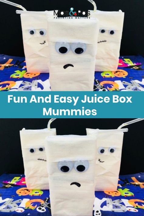 Mummy Juice Boxes Halloween, Mummy Juice Boxes, Halloween Juice Box Ideas, Halloween Juice Box, Halloween Kids Crafts Easy, Mummy Party, Kids Crafts Toddlers, Halloween Diy Kids, Halloween Treat Bags Diy