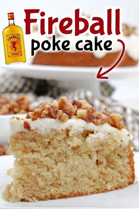 Fireball Cake Recipe, Pecans Recipes, Whiskey Cake Recipe, Boozy Cupcakes Recipes, Booze Cake, Fireball Recipes, Liquor Cake, Alcohol Cake, Poke Cake Recipe