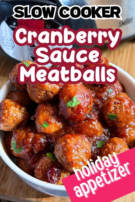 A holiday appetizer that is easy to make. Just dump all the ingredients into the slow cooker and and your party meatballs will be ready in a few hours. These cranberry sauce meatballs are a little sweet, a little tart and a little spicy. A holiday twist on the old classic party meatballs. Orange Cranberry Meatballs, Cranberry Chili Sauce Meatballs, Meatball With Cranberry Sauce Recipe, Cranberry Crockpot Meatballs, Crockpot Meatballs Cranberry Sauce, Cranberry Bbq Meatballs Crockpot, Cranberry Meatballs Appetizers, Cocktail Meatballs Cranberry Chili Sauce, Sweet Sour Meatballs Crockpot