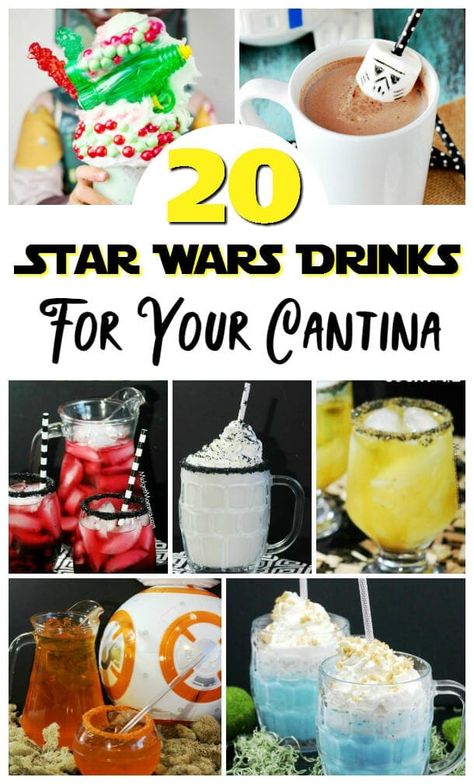 These Star Wars themed drinks will please both kids and adults. They are perfect for your Star Wars party and movie nights. Each of these drinks is simple to make and only needs a few ingredients. Stock your cantina bar and get ready for some time in Tatoooine. | champagneandcoconuts.com #starwars #starwarsparty #starwarsmovienight #starwarsdrinks #drinks #cocktails #mocktails Star Wars Themed Food, Star Wars Drinks, Disfraz Star Wars, Cocktail Party Drinks, Star Wars Theme Party, Star Wars Food, Party Drinks Alcohol, Cocoa Recipes, Star Wars Birthday Party