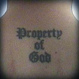 Property of God tattoo Property Tattoo, Property Of Tattoos, Typographic Tattoo, God Tattoo, God Tattoos, Spine Tattoos, Tattoos Ideas, Tattoo Artists, Tattoo Quotes