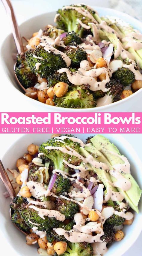 Oven roasted broccoli, served on a bowl of brown rice, topped with a creamy lemon tahini dressing, creates THE BEST plant-based buddha bowl recipe! It's healthy, gluten free and vegan. It's also perfect for meal prep and easy to make in 30 minutes! Vegan Roasted Broccoli, Chickpea Broccoli, Broccoli Bowls, Buddha Bowl Recipe, Buddha Bowls Recipe, Lemon Tahini Dressing, Plant Based Diet Recipes, Plant Based Dinner, Salad Pasta