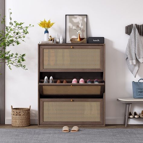 Shoe Cabinet Ideas, Rattan Tv Cabinet, Mesh Furniture, Indoor Rattan Furniture, Rattan Shoe Cabinet, Shoe Cabinet Design, Beer Painting, Rattan Cabinet, Shoes Rack