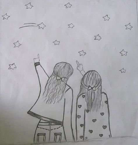 Looking at the stars Sisters Drawing Easy, 2 Sisters Drawing Easy, 2 Sisters Drawing, Two Sisters Drawing, Drawing Easy Cartoon, Sisters Drawing, Looking At The Stars, Easy Cartoon, Star Outline