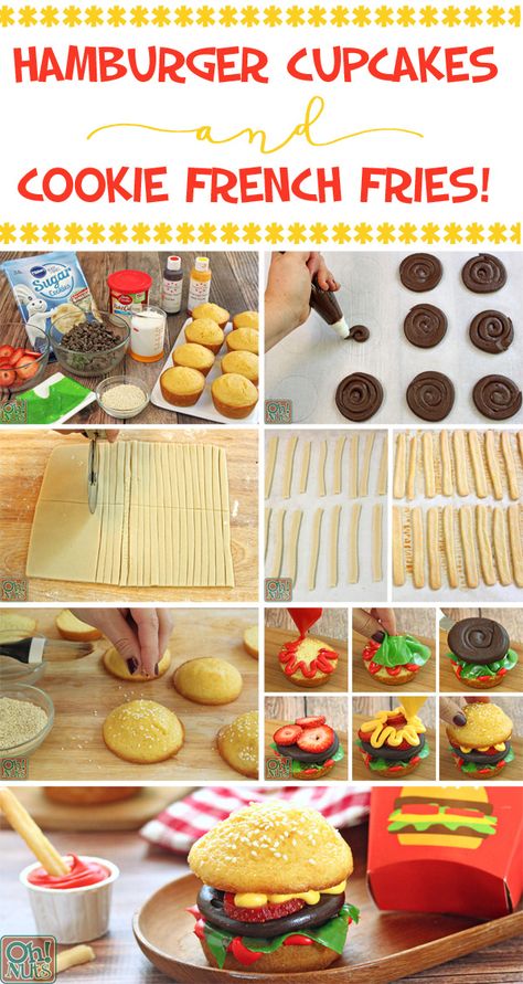 How to Make Hamburger Cupcakes and Cookie French Fries | From OhNuts.com Cheese Burger Cupcakes, Hamburger Cupcakes And Fries, Hamburger Birthday Party, Hamburger Birthday Party Ideas, Mcdonalds Cupcakes, Cupcake Burger, Burger Birthday, Burger Cupcakes, Hamburger Cupcakes