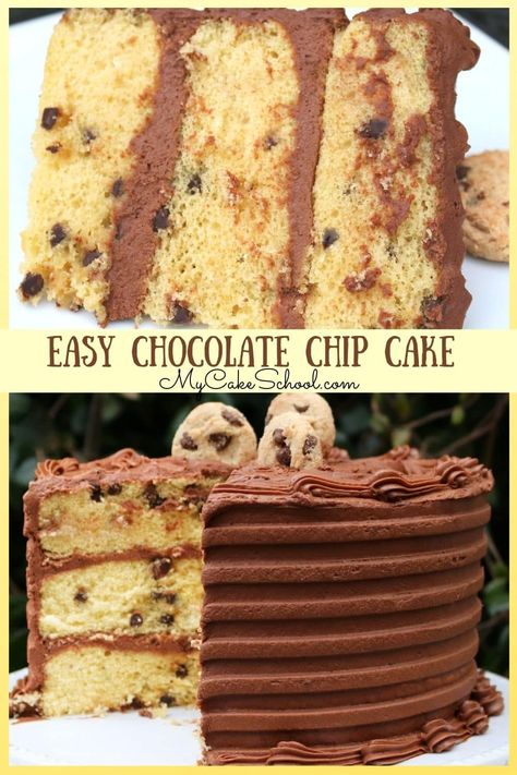 This super moist and flavorful Chocolate Chip Layer Cake starts with a simple cake mix! It is so easy to make and the brown sugar in the recipe lends wonderful flavor and added moisture! We love this cake recipe with chocoalte buttercream! #cakelayers #layercake #chocoaltechipcake #yum #dessert Moist Chocolate Chip Cake, Easy Chocolate Chip Cake, Cake Cravings, Doctored Cake Mix Recipes, Lemon Cake Mix Recipe, Chocolate Chip Cake Recipe, Chocolate Cake Mix Recipes, Sour Cream Chocolate Cake, Cake Mix Recipe