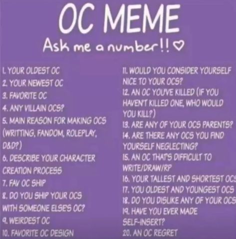 Ask me a number about my ocs or gacha and ill answer them for you. I might even ask you some questions back. Character Questions, Q And A Questions, Oc Template, Drawing Meme, Character Counts, Writing Prompts For Writers, Character Template, List Of Questions, Drawing Prompt