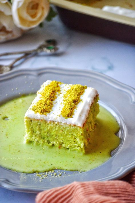 Pistachio Tres Leches Cake Recipe, Pistachio Milk Cake Recipe, Pistachio Milk Cake, Cake Pistachio, Milk Cake Recipe, Fruit Dips, Pistachio Milk, Pistachio Dessert, Pistachio Recipes