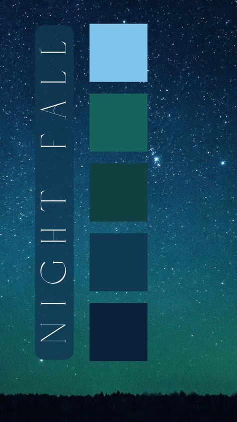 Night Fall Color Palette by Felicity & Lilac Events Dark Green Blue Color Palette, Crow Color Palette, Enchanted Forest Color Pallet, Midnight Purple Color Palette, Celestial Color Scheme, Witchcore Color Palette, Constellation Color Palette, Night Time Colour Palette, Acotar Color Palette