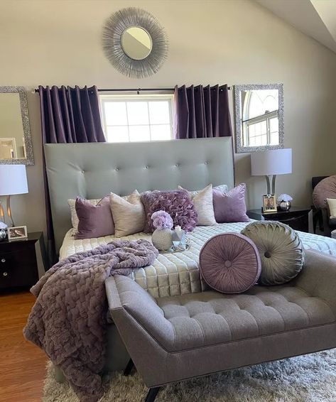 Purple Gray And Black Bedroom, Plum Decor Bedroom, Gray Purple Bedding, Grey And Purple Bedding, White Grey And Purple Bedroom, Purple Black And Silver Bedroom Ideas, Purple And Grey Room Ideas Bedrooms, Purple Silver Bedroom Ideas, Black White And Lavender Bedroom