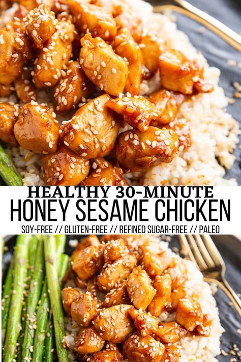 Healthy Sesame Chicken made with better-for-you ingredients for a health-conscious version of the classic takeout. Soy-free, refined sugar-free, and gluten-free, this simple recipe requires 30 minutes or less! Serve it up with rice and veggies for a complete meal. #healthy #chicken #paleo #glutenfree Low Carb Sesame Chicken, Sugar Free Recipes Dinner, Paleo Sesame Chicken, Gluten Free Sugar Free Recipes, Healthy Sesame Chicken, Gluten Free Meal Prep, Rice And Veggies, Gluten Free Chicken Recipes, Dairy Free Recipes Dinner