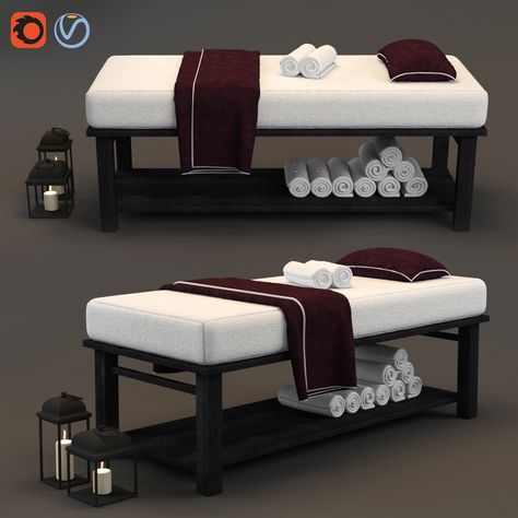 Spa Table Ideas, Spa Bed Decor Ideas, Spa Bed Design, Massage Beds Spa, Sims 4 Massage Table, Massage Bed Setup, Massage Bed Ideas, Massage Table Decor, Massage Bed Design