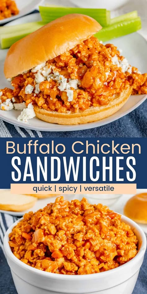 Buffalo Chicken Sandwiches are an easy and versatile family favorite weeknight dinner. It's like sloppy joes with a hot sauce kick. Made with lean ground chicken, this is a less greasy, everyday way to enjoy the spicy wing flavor you love so much! Ground Chicken Buffalo Dip, Recipes Using Hot Sauce, Buffalo Chicken Ground Chicken, Buffalo Sauce Dinner Ideas, Grounded Chicken Recipes For Dinner, Sweet And Sour Ground Turkey, Buffalo Ground Chicken Recipes, Buffalo Chicken Sloppy Joes, Best Ground Chicken Recipes