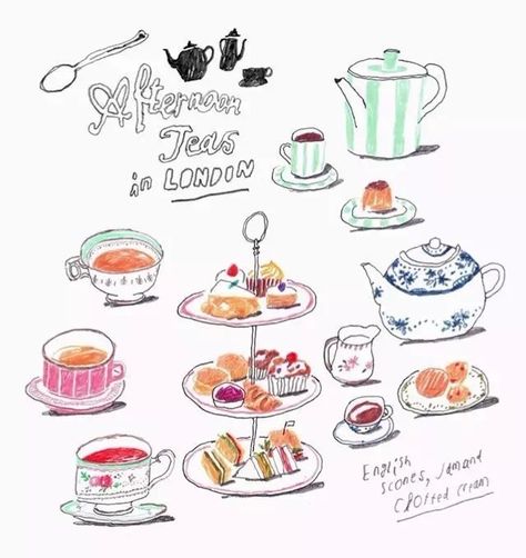 Afternoon tea Tea Time Illustration, Tea Illustration, To Do Planner, Food Sketch, Watercolor Food, Coffee Illustration, Illustration Food, Bullet Journal Art, London Instagram