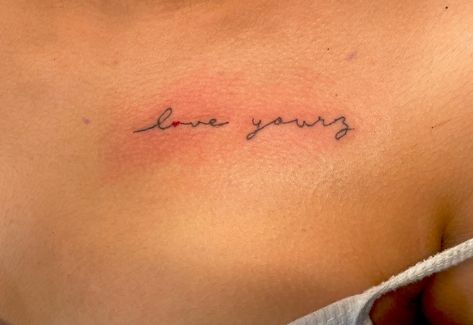 “love yourz” script w a splash of color #tattoo #letteringtattoo #bayareatattooer #thanksforlooking Collarbone Lettering Tattoo, Collarbone Script Tattoos For Women, Love You More Tattoo Collar Bone, Collarbone Tattoo Sayings, Always Collarbone Tattoo, Tattoo Lettering, Color Splash, Tattoos, Color