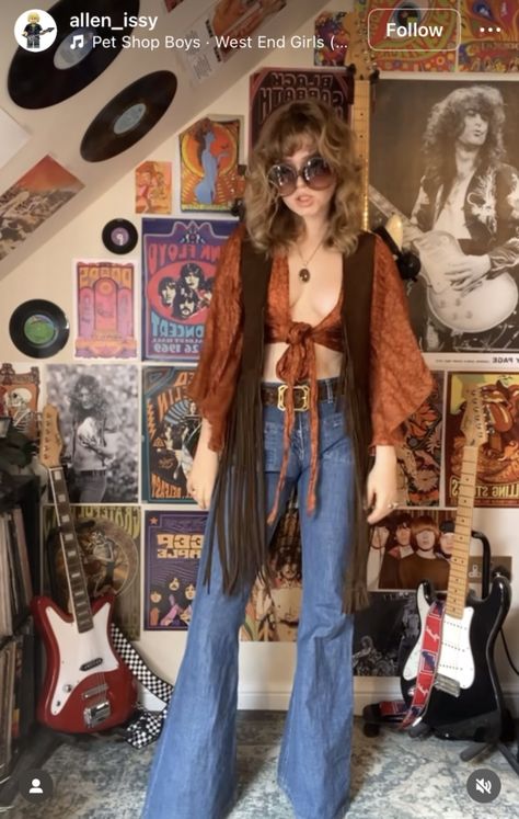 70s Outfits Concert, 70s Shein Outfits, 60s Groupie Aesthetic, 70s Style Outfits Women, 70s Denim Jacket Outfit, 70s Vest Outfits For Women, Decades Outfits Ideas, 70s Jackets Women, 70s Decade Day Outfits