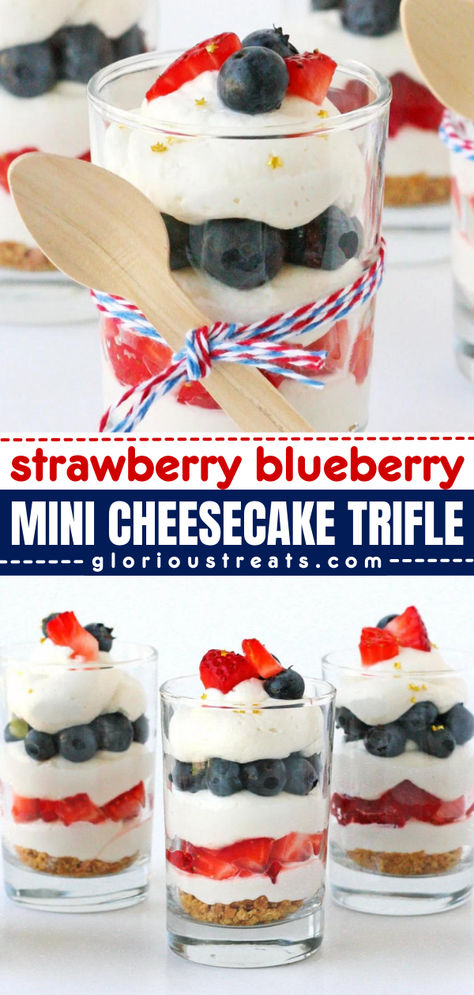 This Strawberry Blueberry Mini Cheesecake Trifle is the best summertime dessert! Layers of no-bake fluffy cheesecake and fresh berries will make this trifle recipe the best addition to your Labor Day party food ideas! Blueberry Trifle, Fluffy Cheesecake, Simple Food Recipes, Simple Dessert Recipes, Cheesecake Trifle, Cheesecake Parfaits, Berry Trifle, Parfait Desserts, Berry Cheesecake