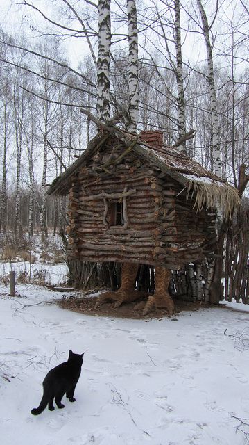 THIS CAT IS WONDERING, IF THIS CABIN HAS CHICKEN FEET "COULD THE HOUSE BE MADE OF CHICKEN TOO?" LOL❤️ Baba Yaga House, Baba Jaga, Slavic Folklore, Slavic Mythology, Yennefer Of Vengerberg, Rpg Map, Baba Yaga, Chicken House, A Black Cat