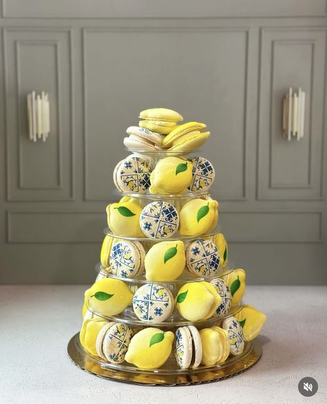 Lemon Themed Party, Lemon Themed Bridal Shower, Lemon Macarons, 17 Birthday Cake, Macaron Tower, Italian Party, Engagement Dinner, Lemon Desserts, Bridal Shower Theme