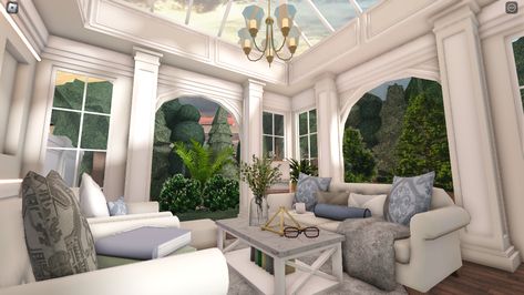 Bloxburg River Ideas, Bloxburg Coastal House Entrance, Coastal Grandmother Bloxburg House, Bloxburg Porch Ideas Aesthetic, Front Desk Bloxburg, Mederteranian House Bloxburg, Bloxburg Sorority House, Bloxburg Sunroom Ideas, Costal Bloxburg Living Room Ideas