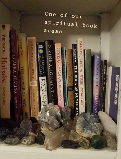 Crystal Shelf Aesthetic, Crystal Bookshelf, Crystal Shop Aesthetic, Book Area, Crystal Room, Hippie Aesthetic, Power Of Now, Great Movies To Watch, Sacred Text