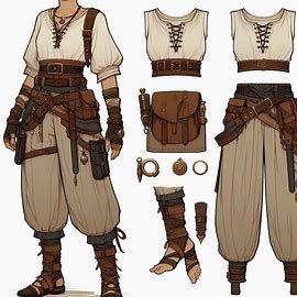 digital art style, casual warrior outfit design for a woman in dnd universe, loose pants, earthy colors, brass accessories, outfit design sheet - Image Creator from Microsoft Designer Medival Warrior Outfits, Medieval Woman Outfit, Earthy Fantasy Outfits, Fantasy Adventurer Outfit Drawing, Dnd Oc Outfit, Alchemist Outfit Design, Dnd Cosplay Ideas, Outfit Fantasy Design, Dnd Monk Outfit