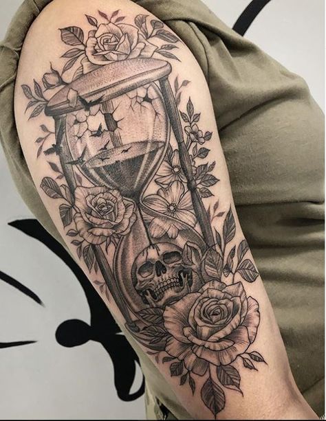 Goddess Half Sleeve Tattoo, As Above So Below Hourglass Tattoo, Gothic Hourglass Tattoo, Heart Hourglass Tattoo, Hourglass Sleeve Tattoo, Bookish Sleeve Tattoo, Witchy Floral Tattoo, Half Sleeve Tattoos For Women Upper Arm Meaningful, Hourglass Tattoo Men