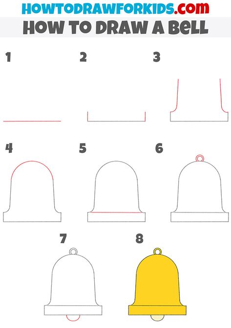 How to Draw a Bell - Easy Drawing Tutorial For Kids How To Draw A Bell, Bell Drawing Easy, Bell Drawing, Directed Drawing Kindergarten, Draw Objects, Calendar Doodles, Drawing Classes For Kids, How To Draw Steps, Easy Drawing Tutorial