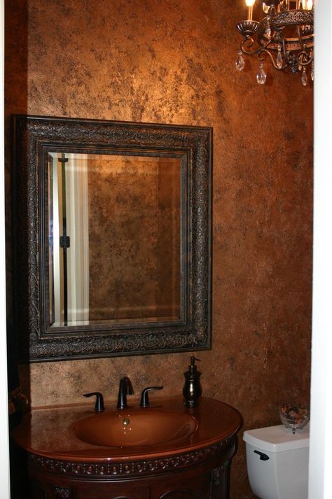 Another beautiful bath finish...we call it rustico.  A combination of bronze and copper with just a bit of black peeking through. Plaster Bathroom, Copper Bedroom, Faux Walls, Bath Powder, Wall Painting Techniques, Copper Paint, Faux Painting, Venetian Plaster, Copper Wall