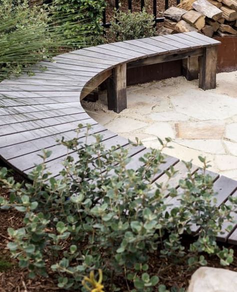 Curved Outdoor Benches, Coastal Colour Palette, Timber Bench Seat, Garden Bench Seating, Outdoor Bench Seating, Industrial Garden, Sandstone Paving, School Garden, Home Landscaping