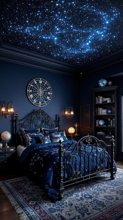 Dark Fantasy Bedroom Ideas Night Sky Bedroom Adult, Bedroom At Night Dark, Starry Bedroom Ideas, Acotar Room Aesthetic, Night Court Bedroom Aesthetic, Midnight Blue Room, Star Bedroom Aesthetic, Blue Velvet Bedroom Ideas, Dark Whimsical Bedroom