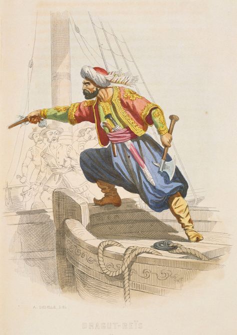 Dragut Reis, The famous Barbary cosair, prepares to board an enemy vessel in search of loot. A. CATEL Barbary Pirates, Highway Men, Famous Pirates, Golden Age Of Piracy, Empire Ottoman, Ancient Mariner, Maritime Museum, Graphic Design Background Templates, Arabian Nights