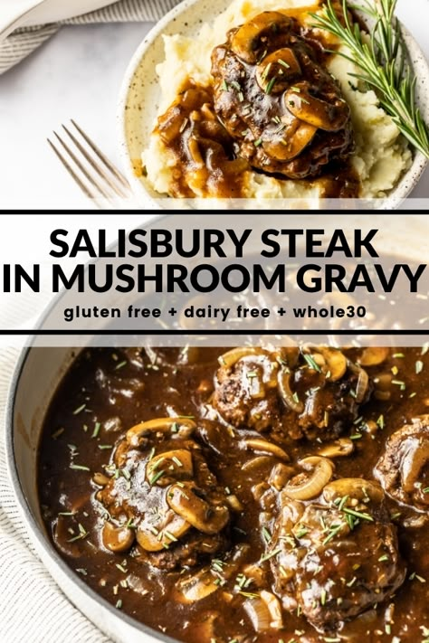 This Salisbury Steak in Mushroom Gravy is the kind of comfort food you need in your life. It's incredibly easy to make and that gravy is lick your plate good. Plus it's dairy free, gluten free, and Whole30 compliant. Mushroom Steak, Steak Gravy, Gluten Free Dairy Free Dinner, Gluten Free Diet Plan, Keto Turkey, Dairy Free Meals, Dairy Free Recipes Dinner, Gluten Free Dinners, Salisbury Steak Recipes