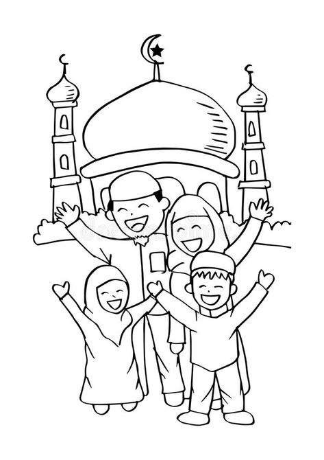 Illustration about Happy Muslim family at the mosque. Cartoon style. Illustration of celebrate, design, arabian - 117034634 Decoraciones Ramadan, Muslim Kids Activities, Family Coloring Pages, Islamic Kids Activities, Ramadan Kids, Ramadan Activities, Kid Coloring Page, Rainbow Canvas, Muslim Family