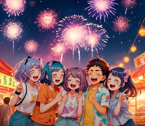 Joyful anime friends are seen celebrating a summer festival, with colorful fireworks lighting up the sky behind them. Colorful Fireworks, Cartoon Wolf, Anime Friends, Summer Festival, Fireworks, The Sky, Illustration Art, Festival, Celebrities