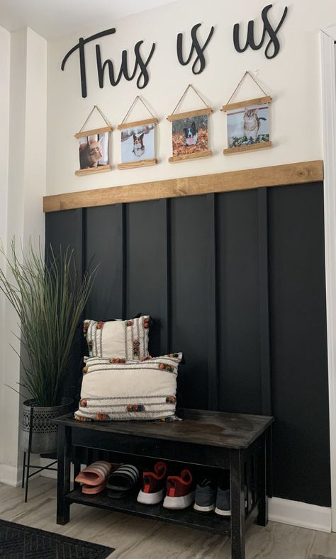 Black Accent Wall Foyer, Half Accent Wall Hallway, Entryway Walls Ideas, Entryway Welcome Sign, Bead And Batten Wall Entryway, Black Trim Entryway, Black Board And Batten Wall Entryway, Black Beadboard Entryway, Black Wainscoting Entryway