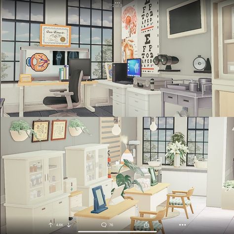 Acnh Hospital Exam Room, Animal Crossing Office Ideas, Animal Crossing Office, Acnh Interior, Aesthetic Games, Optometry Office, Animal Crossing Fan Art, Bloxburg Decals Codes, Happy Home Designer