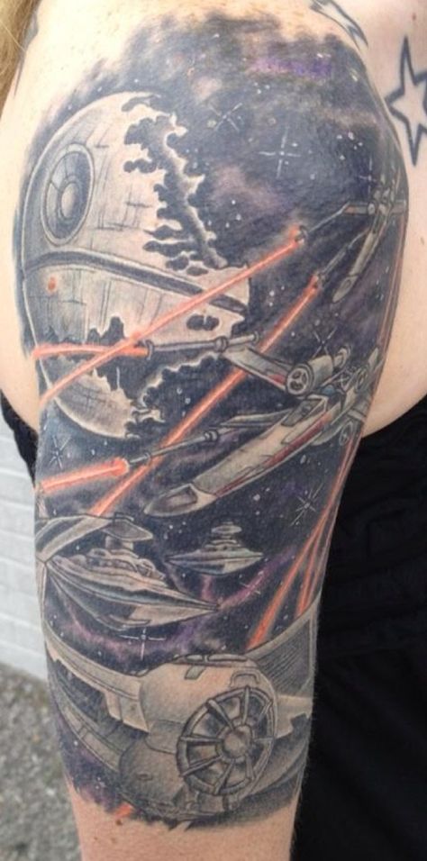 Star Wars Tattoo Sleeve, Geek Tattoos, Fighter Tattoo, Tattoo Character, Tattoo Star, Backpiece Tattoo, Culture Tattoos, Nerd Tattoo, Fan Tattoo