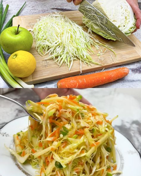 Fresh Cabbage, Carrot, and Apple Salad - Greenku Recipes Carrot And Apple Salad, Green Apple Salad, Cabbage Carrot, Zucchini Cheese, Spinach Bake, Apple Salad Recipes, Hearty Vegetable Soup, Baked Garlic, Apple Salad