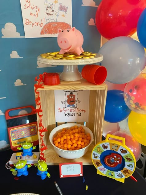 Toy Story Cake Table Decor, Toy Story Birthday Table Ideas, Toy Story Snack Table, Toy Story Birthday Snacks, Toy Story Candy Table, Toy Story Table Set Up, Reach Four The Sky Toy Story Party, Toy Story Snack Ideas, Toy Story Table Decorations