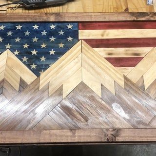 Wood Mosaics, Wood Mosaic Table Top, Wood Lath Art, Wooden Crosses Diy, Lath Art, American Flag Crafts, Mountain Wood Art, Mountain Wood Wall Art, American Flag Wood