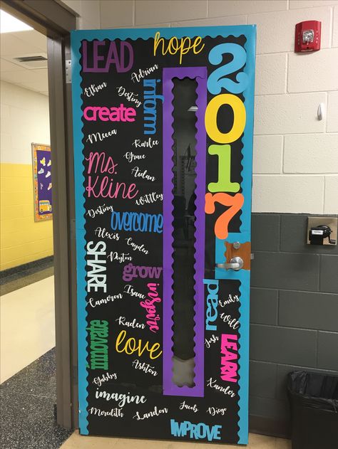 Classroom door. Words cut out of card stock paper using Cricut machine. Neon Door Decorations Classroom, Senior Classroom Decor Ideas, Principal Office Door Decorating Ideas, Classroom Door Ideas Middle School, Senior Door Decorations Ideas, Middle School Classroom Door, Classroom Door Cover, Testing Door Decorations Classroom, 3d Door Decorations Classroom