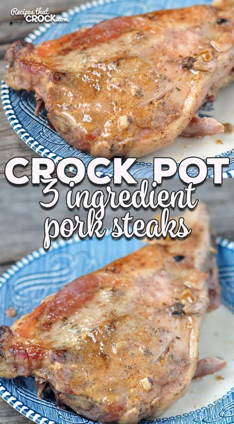 This 3 Ingredient Crock Pot Pork Steaks recipe is the perfect recipe for those pork steaks you have in your fridge or freezer! Juicy, flavorful and tender! Smothered Pork Steaks Crock Pot, Crockpot Pork Steaks, Curry Pork, Steaks Recipes, Pork Pot, Pork Steak Recipe, Crockpot Recipes Ground Beef, Crockpot Recipes Chicken, Crockpot Steak