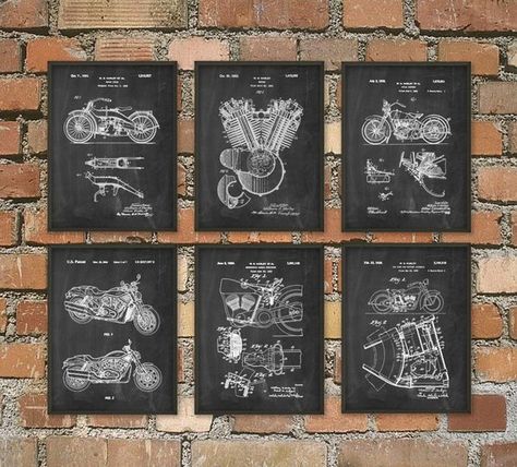 Harley Davidson Motorcycle Patent Print Set of 6 - Classic Motorcycle Art - American Motorcycle - Motorcyclist Gift Idea - Garage Mechanic  This set of six Motorcycle patent posters is printed using high quality archival inks on heavy-weight archival paper with a smooth matte finish. A Futurama Poster, Nerd Baby, Patent Art Prints, Computer Geek, Tech Art, Computer Room, Motorcycle Art, Working Space, Patent Art