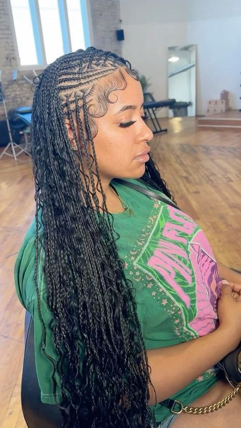 Side Part Fulani Braids Hairstyles, Fulani Flip Over Braids With Sew In, Braids Hair Ideas, Flip Over Fulani Braids, Stitch Braid, Women Cornrows, Hair Braid Designs, Big Box Braids, Braided Hairstyles For Black Women Cornrows