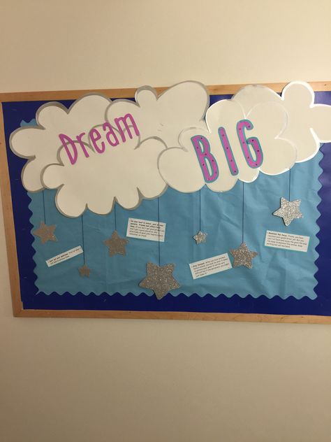 Dream Big RA bulletin board Dare To Dream Bulletin Board, Cloud Theme Bulletin Board, Cloud Bulletin Board Ideas, One Team One Dream Bulletin Board, Dream Bulletin Board Ideas, Dream Big Bulletin Board, Make A Wish Bulletin Board, Dream Big Bulletin Board Ideas, Cloud Bulletin Board