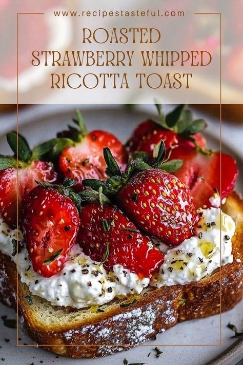 Indulge in this delightful Roasted Strawberry Whipped Ricotta Toast! A perfect combination of creamy ricotta, sweet roasted strawberries, and a hint of balsamic tang, making it an elegant breakfast or snack. Ricotta Toast Breakfast, Whipped Ricotta Toast, Elegant Breakfast, Roasted Strawberry, Ricotta Toast, Whipped Ricotta, Ricotta Recipes, Roasted Strawberries, Vinegar And Honey